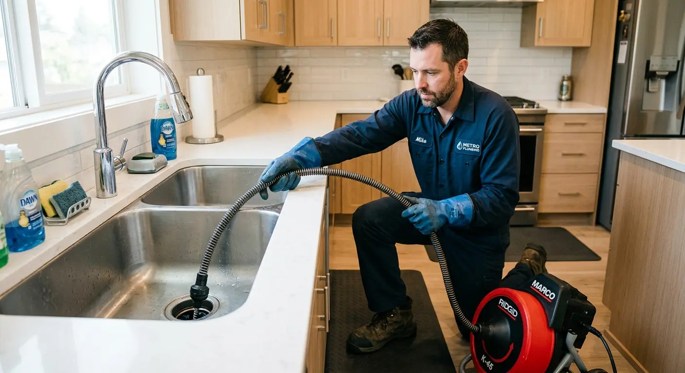Drain cleaning technician using a motorized snake on a kitchen sink in Corte Madera