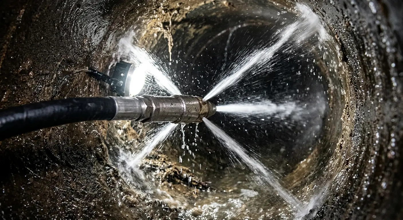 High-pressure hydro jetting nozzle cleaning sewer pipe for Sewer Cleanout in Corte Madera