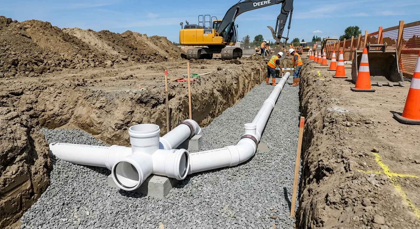 New PVC sewer pipe installation in open trench for Sewer Backup in Corte Madera