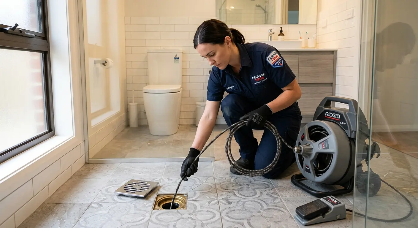 Technician clearing a bathroom floor drain for Sewer Line Replacement in Corte Madera